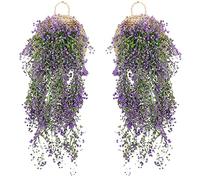 2 Pieces Hanging Basket Artificial Flower, Artificial Flowers on the Wall, Wall-Mounted Artificial Flowers, Artificial Flowers Outdoor, Artificial Hanging Plants for Garden, Wedding(Purple)
