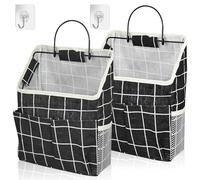 2 Pieces Hanging Storage Organisers, Waterproof Wall Hanging Bags, Foldable Linen Fabric Basket with Pockets for Children's Room, Bathroom, Bedroom, Office, Motorhome (Black)