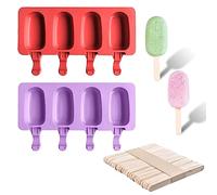 2 Pieces Ice Cream Molds With 50 Wooden Sticks - Silicone Popsicle Mold Set, 4 Oval Cavities for DIY Making (Red, Purple)