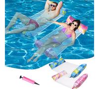 2 Pieces Inflatable Pool Float Chair Heavy Duty Chair Floats For Adults Foldable Floating Hammock Water Hammock With A Manual Air Pump And Cooling Net Lake Beach Seat