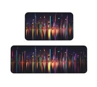 2 Pieces Kitchen Mats Non Slip Anti Fatigue Kitchen Rugs Set Waterproof Machine Washable Crystal Velvet Soft Comfortable Standing Floor Mats for Sink Counter Home Night View (45x70cm+45x120cm) J-2604