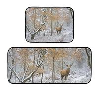 2 Pieces Kitchen Rug Set,Beautiful Red Deer Stag in SnowKitchen Mat Non Slip Washable Hallway Runner Decor for Kitchen Floor Mat