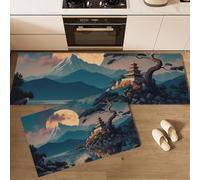 2 Pieces Kitchen Rug Sets Non-Slip and Washable Octagonal Ancient Pavilion By The Lake Kitchen Runner Rug Japanese Scenery Floor Carpet Comfort Standing Mats for Laundry, Hallway, 50x80cm+50x150cm