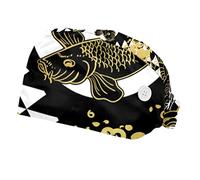 2 Pieces koi Fish Wave Water Circles Japanese Chinese Design Pattern Working Cap with Buttons and Sweatband，Adjustable Surgical Scrub Cap Head Cover