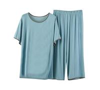 2 Pieces Ladies Pyjamas UK Clearance Nightwear Sleepwear for Women Short Sleeve Loungewear Top and Wide Leg Pants Cropped Trousers Crew Neck Homewear Cotton Comfy Loungewear Soft Nightwear