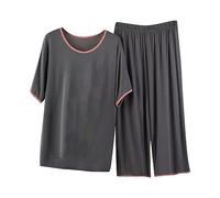 2 Pieces Ladies Pyjamas UK Clearance Nightwear Sleepwear for Women Short Sleeve Loungewear Top and Wide Leg Pants Cropped Trousers Crew Neck Homewear Cotton Comfy Loungewear Soft Nightwear