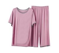 2 Pieces Ladies Pyjamas UK Clearance Nightwear Sleepwear for Women Short Sleeve Loungewear Top and Wide Leg Pants Cropped Trousers Crew Neck Homewear Cotton Comfy Loungewear Soft Nightwear