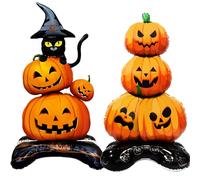 2 Pieces Large Halloween Pumpkin Foil Balloons, 43 Inches Standing Stacked Pumpkins Mylar Balloons and 27 Inches Black Cat with Witch Hat Blow Up Decorations for Halloween Spooky Party Supplies