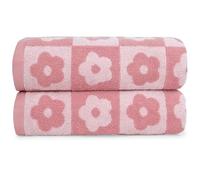 2-Pieces Luxury Bath Towels Checkered Floral, Pink Towels for Women Girls Shower Body 27.5x55 Inches, Cute Decor for Bathroom & Pool Days, Cotton