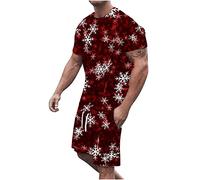 2 Pieces Mens Christmas Tracksuit Set Sale Clearance 3D Reindeer Short Pyjamas Set Short Sleeve Jogging Gym Suits T-Shirts and Drawstring Shorts Christmas Tree Print Sweat Suit Breathable Loungewear