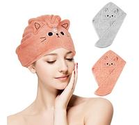 2 Pieces Microfiber Hair Towel Absorbent Hair Towel Wrap Cute Cartoon Rapid Drying Anti Frizz Turban Head Wrap for Women or Girls Kids(Dark Pink,Blue-gray,Cat)