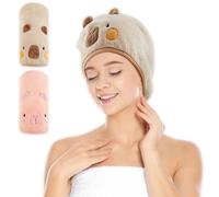 2 Pieces Microfibre Hair Towel Absorbent Hair Towel Wrap Cute Cartoon Rapid Drying Anti Frizz Turban for Women or Girls Kids(Pink,Brown,Capybara)