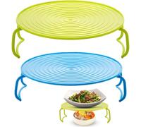 2 Pieces Microwave Folding Tray Multipurpose Oven Plate with Handle Steaming Shelf Baking Rack Anti-Slip Heating Layered Cooking Organiser for Hot Food, Plates, and Dishes (Blue&Green)