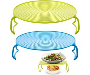 2 Pieces Microwave Folding Tray Multipurpose Oven Plate with Handle Steaming Shelf Baking Rack Anti-Slip Heating Layered Cooking Organiser for Hot Food, Plates, and Dishes (Blue&Green)
