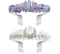 2 Pieces Moon Goddess Crown Handmade Raw Crystal Quartz Tiara Mermaid Crown Fairy Headpiece with 10 Count Black Bobby Pin Crystal Headband for Women Girls Wedding Festival Rave Accessories, 2 Colors
