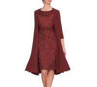 2 Pieces Mother of Bride Dresses with Jacket Chiffon Mother of The Groom Dress Tea Length Laces Formal Evening Gowns Burgundy