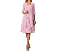 2 Pieces Mother of The Bride Dresses for Women Square Neck Chiffon Short Formal Wedding Party Dress with Jacket Pink S