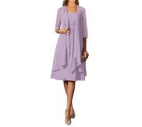 2 Pieces Mother of The Bride Dresses for Women Square Neck Chiffon Short Formal Wedding Party Dress with Jacket Lilac XL