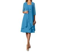 2 Pieces Mother of The Bride Dresses for Women Square Neck Chiffon Short Formal Wedding Party Dress with Jacket Blue 3XL
