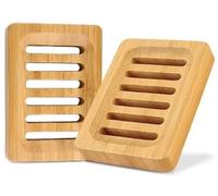 2 Pieces Natural Bamboo Wooden Soap Dish, Square wooden soap holder Non-Slip with Drainage Slots for Bathroom, Kitchen Countertop Sponge Organiser, Shower Soap Holder, Bathroom & Kitchen Accessories