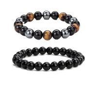 2 Pieces Natural Black Obsidian Bracelet, Bracelet with Natural Stones Black Bracelet Made of Natural Tourmaline, Elastic Nylon for Men and Women, First Level Quality, 28.27 cm, Stone Nylon