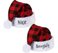 2 Pieces Naughty and Nice Plush Christmas Santa Hats Red Black Buffalo Plaid Holiday Hat for Adults Wowen Men Christmas Party Supplies