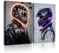 2 Pieces Neon Race Car Driver Canvas Wall Art Racing Helmet Wall Decor Boys Room Poster Prints Esports Room Paintings Pictures for Living Room Bedroom Ready to Hang (16x24in Canvas)