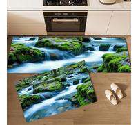 2 Pieces Non Slip Kitchen Mat Set with Mossy Rocks Washable Forest River Kitchen Floor Mat For Kitchen, Entryway, Hallway Runner Set (Green, 40x60cm+40x120cm)
