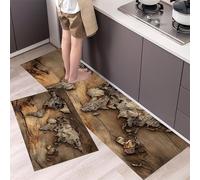 2 Pieces Non Slip Kitchen Mat World Map Kitchen Rug Set Wood Carving Washable Runner Set for Hallway, Dining Room, Entryway and Door 43x75cm+43x150cm Brown