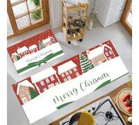 2 Pieces Non Slip Kitchen Rug Sets, Christmas Town House Washable Kitchen Floor Mat Absorbent Carpet Standing Mat for Office Desk Sink Laundry Room, 43x75cm+43x150cm, Red