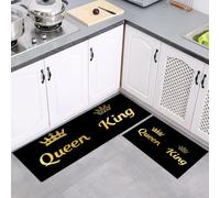 2 Pieces Non Slip Kitchen Rug Sets, Cute King Queen Font Washable Kitchen Floor Mat Absorbent Carpet Standing Mat for Office Desk Sink Laundry Room, 40x60cm+40x120cm, Black