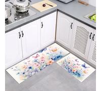 2 Pieces Non Slip Kitchen Rug Sets, Dream Watercolor Butterfly Flowers Washable Kitchen Floor Mat Absorbent Carpet Standing Mat for Office Desk Sink Laundry Room, 40x60cm+40x120cm, Blue Purple