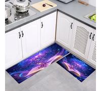 2 Pieces Non Slip Kitchen Rug Sets, Fantasy Swirl Glowing Tree Washable Kitchen Floor Mat Absorbent Carpet Standing Mat for Office Desk Sink Laundry Room, 40x60cm+40x120cm, Purple Blue