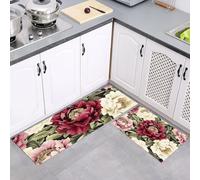 2 Pieces Non Slip Kitchen Rug Sets, Flowers Art Watercolor Peony Washable Kitchen Floor Mat Absorbent Carpet Standing Mat for Office Desk Sink Laundry Room, 40x60cm+40x120cm, Multicolor