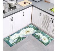 2 Pieces Non Slip Kitchen Rug Sets, Nature Flowers Bamboo Forest Peony Washable Kitchen Floor Mat Absorbent Carpet Standing Mat for Office Desk Sink Laundry Room, 43x75cm+43x150cm, Green