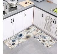 2 Pieces Non Slip Kitchen Rug Sets, Plant Illustration Vintage Anemone Washable Kitchen Floor Mat Absorbent Carpet Standing Mat for Office Desk Sink Laundry Room, 40x60cm+40x120cm, Off-White