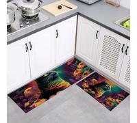 2 Pieces Non Slip Kitchen Rug Sets, Psychedelics Animals Cats Flowers Washable Kitchen Floor Mat Absorbent Carpet Standing Mat for Office Desk Sink Laundry Room, 40x60cm+40x120cm, Purple Green