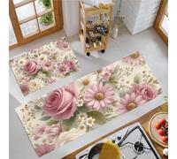 2 Pieces Non Slip Kitchen Rug Sets, Romantic Roses And Daisies Washable Kitchen Floor Mat Country-Style Flowers Absorbent Runner Carpet Beige Pink Standing Mat For For Hallway Entryway Decoration