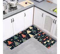 2 Pieces Non Slip Kitchen Rug Sets, Vintage Christmas Tree Star Washable Kitchen Floor Mat Absorbent Carpet Standing Mat for Office Desk Sink Laundry Room, 43x75cm+43x150cm, Black Blue