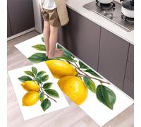 2 Pieces Non Slip Water Droplets Lemon Kitchen Rug Set, Water Absorbent Fresh Watercolor Style Floor Mats, Yellow Kitchen Carpets and Rugs for Home Dining Room and Entryway, 40x60cm+40x120cm