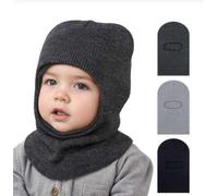 2 Pieces of Children's Winter Knitted Hats, One-Piece Hooded Bib, Cute Design with Double Fur Balls, Soft and Warm Neck Protection, Autumn and Winter Supplies for Boys and Girls. Dark Gray