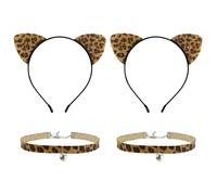 2 Pieces Of Leopard Pattern Cat Ear Headbands, 2 Pieces Of Leopard Pattern Bell Collars, Party Dress-Up Headbands, Adjustable Clavicle Chains, Role-Playing Clothing Accessories.