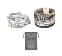 2 Pieces of Silver Women's Bracelets, 1 Deep Gray Storage Bag, Leather Beaded Bangle, Stacking Bohemian Style Magnetic Bracelet