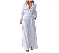 2 Pieces Outfits Women Set Summer Fall Long Sleeve Co Ord Sets Flowy Turn Down Collar Long Sleeve Shirts and Wide Leg Palazzo Trousers Tracksuits Elegant Business Work Travel Airport Outfits White