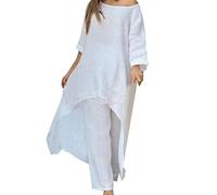 2 Pieces Outfits Womens Tracksuit Set Long Sleeve Workout Yoga Gym Tops and Wide Leg Trousers Suits Party Elegant Chiffon Going Out Outfits Vintage Soft Sportswear Palazzo Pants Loose (11-White, L)