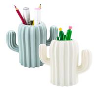 2 Pieces Pen Pencil Pot Holder, Stationery Storage Pen Container, Makeup Brush Holder, Creative Funny Cactus Shape Desk Pen Holder Stand for Desk, Office Supplies, Vanity Table (White, Green)