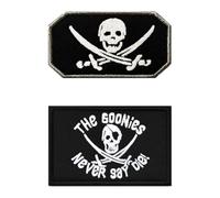 2 Pieces Pirate The Goonies Never Say Die Funny Embroidered Appliques Hook Loop Removable Armband Tactical Fastener Military Flag Patch for Clothes,Dog Harness,Backpacks,Vest,Jacket,Jeans,Hats