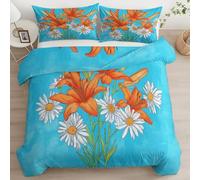2 Pieces Plant Orange Lily White Daisy Duvet Cover with 1 Pillowcases, Bedding Set with Zipper Closure - Light Blue Reversible Boys Girls Teens Quilt Cover Small Single 120×150cm (No Comforter)