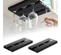 2 Pieces Plastic Wine Glass Racks, 25.3x11x2cm Glasses Storage Hanger Plastic Organizer, Self-Adhesive Hanging Wine Glass Under Cabinet, Wine Glass Rack for Cocktail Glasses, Champagne Flute, Black