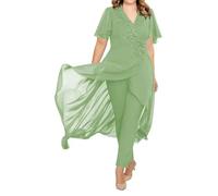 2 Pieces Plus Size Mother of The Bride Outfits Lace Chiffon Pastel Green Mother of The Bride Trouser Suits with Jacket 20